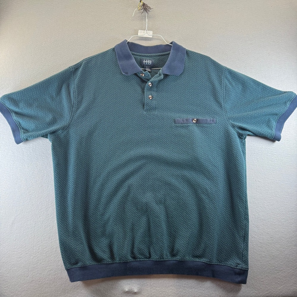 Harbor Bay Mens 2XLT Teal Navy Herringbone Polo Shirt Banded Hem Short Sleeve